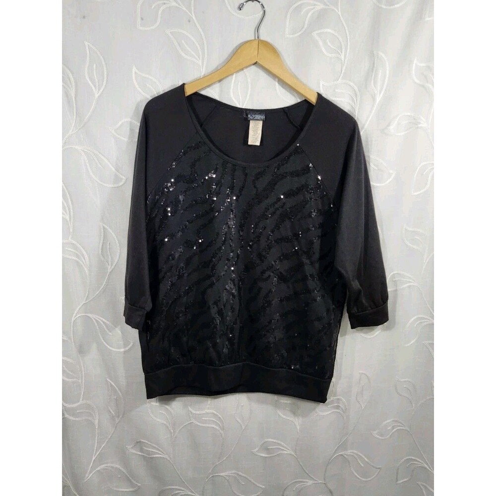 daytrip womens sequin top Stretch Large Black 3/4 sleeve party going out